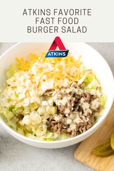 Skip the drive-through and whip up this fast food-inspired burger salad for just 5.2 g net carbs. It combines all your fave burger fix-ins, without the bun. Explore this and 1,800 #lowcarb and #keto recipes at www.atkins.com/recipes Atkins Meals Phase 1, Atkins Recipes Phase 1, Atkins 20, Modified Atkins Diet, Low Carb Fast Food