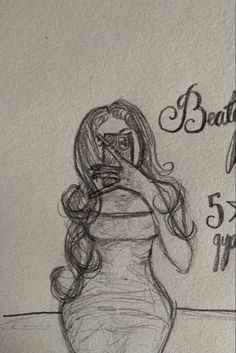 a drawing of a woman in a dress with her hand on her hip and the words beauty written above it