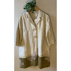 J. Jill Jacket Blazer Linen Petite Large Flax Tan Green Art Craft Collection Pockets Embroidered Accents 2 Button Closure Nwt $138 100% Linen 100% Cotton Lining Measures: 23" Pit To Pit 12.5" Pit To Cuff 34.5" Nape To Hemline Please Feel Free To Ask Questions As I Answer Most Questions Quickly! Lagenlook Outerwear With Buttons For Spring, Spring Lagenlook Outerwear With Buttons, Blazer Linen, Knit Tweed, Linen Coat, Duster Jacket, Faux Suede Jacket, Linen Jacket, Velvet Jacket