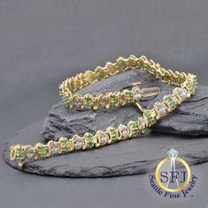 "Restored Vintage Emerald and Diamond Bracelet, Solid Yellow Gold.  METAL: Solid Yellow Gold, Stamped 10K MAIN GEMS: Natural Emeralds-- 46 Round. Total .92 carats ACCENT GEM: Diamonds-- 46. Total .17 carats CURRENT SIZE: 7 1/2\" APPRAISED VALUE: $3,230 *You will receive the exact, one-of-a-kind item pictured.* ETSY IS A BIG PLACE!   To easily find us again, please click the heart at the top-right of the listing photo to \"Favorite\" this listing, and/or click the other heart next to our shop nam Classic Gemstone Bracelet For Anniversary, Classic Gemstone Bracelets For Anniversary, Classic Anniversary Bracelet With Gemstone, Gold Diamond Gemstone Bracelet For Anniversary, Diamond Gold Bracelet With Gemstone For Anniversary, Green Brilliant Cut Diamond Bracelet For Anniversary, Classic Gemstone Tennis Bracelet For Anniversary, Hallmarked Diamond Bracelet For Anniversary, Fine Jewelry Oval Diamond Bracelet