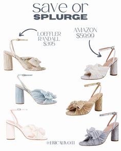 an advertisement for shoes with prices on the bottom, and below it are two different styles of high heeled sandals