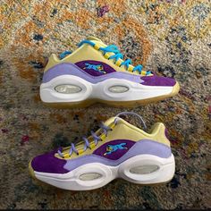 Size 9.5 Worn 2-3 Times Reebok Question, Shoes Reebok, Reebok Shoes, Yellow Purple, Mens Shoes Sneakers, Color Purple, Cream Color, Men's Shoes, Shoes Sneakers