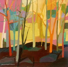 an abstract painting of trees in the woods