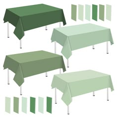 the tablecloths are green and have white poles with them in different positions to match