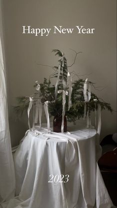 a table topped with a potted plant on top of a white cloth covered table