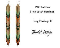 the pattern for earrings is shown in orange, green and blue beads with long fringes