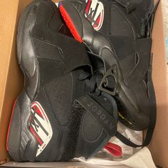 Brand New And In Box Jordan 8 Sneakers. Never Worn Size 4 In Boys Sneakers. Casual High-top Jordan Shoes For Training, Black Sporty Basketball Shoes With Laces, High-top Leather Jordan Training Shoes, Leather Jordan Training Shoes, High-top Jordan Training Shoes With Cushioned Footbed, High-top Jordan Shoes For Training With Cushioned Footbed, Black Dynamic Basketball Shoes, Dynamic Black Basketball Shoes, Leather Lace-up Jordan Training Shoes