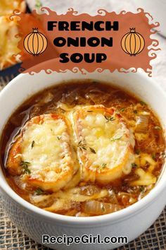 french onion soup with dumplings in a white bowl