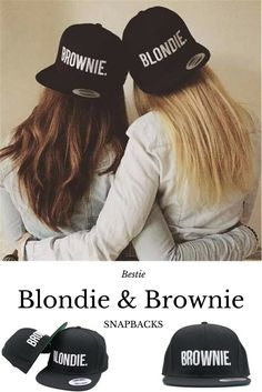 two women wearing hats that say brownie and blondie on the front, one with blonde hair