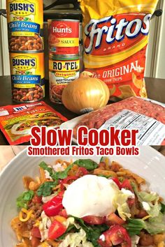 A photo coilage photo for Smothered Fritos Taco Bowls showing the ingredients and the recipe served in a white serving bowl with sour cream on top. Easy Crockpot Meals Taco, Meats In Crockpot, All In One Crockpot Walking Taco, Slow Cooker Frito Taco Bowl, Walking Taco Crockpot, Crockpot Walking Tacos With Fritos, Crock Pot Walking Tacos, Frito Bowl Recipes, Crockpot Walking Tacos Crock Pot