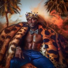 a man wearing a crown sitting on top of a leopard print blanket with palm trees in the background