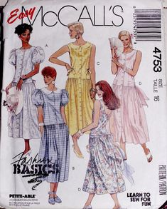 three women's dresses and one woman's dress are shown in this sewing pattern