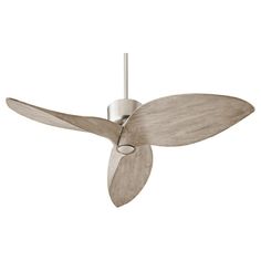 a white ceiling fan with wooden blades