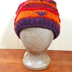 Cheveaux Handmade Wool Knit Fleece Lined Cap Warm Bright Cheerful. Multicolor Wool Knitted Beanie, Red Knitted Hat For Fall, Multicolor Knitted Wool Beanie, Hand Knitted Brimmed Beanie For Fall, Cozy Red Knitted Hat, Bohemian Knitted Beanie For Fall, Bohemian Hand Knitted Beanie For Fall, Warm Red Acrylic Hat, Wool Knitted Hats One Size