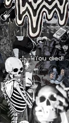 a collage of skulls, bones and other things in black and white with the words hellion on it