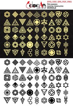 the different shapes and sizes of tattoos are shown in black and white, with gold foil on