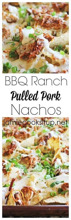 a pizza with lots of toppings on it and the words bbq ranch pulled pork nachos