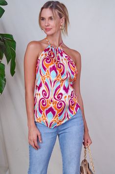 Product Details: I TOO Exclusive Regular fit Sleeveless Back self-tie Backless Scarf top Abstract print Lightweight fabric Imported Model is wearing One Size ﻿Model Info: Height: 5'8 Weight: 112 lbs Bust: 34 in Waist: 24 in Hips: 37 in Fitted Sleeveless Blouse Halter Top For Vacation, Fitted Sleeveless Halter Top For Vacation, Printed Sleeveless Beach Tops, Sleeveless Printed Beach Top, Sleeveless Printed Tops For Beach, Printed Halter Neck Tank Top For Summer, Printed Tank Top For Beach, Chic Printed Sleeveless Halter Top, Chic Beach Tops With Tie Neck