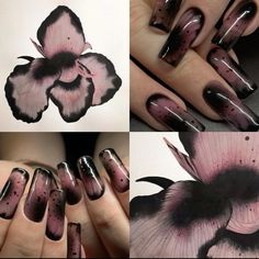 Nails Dark Acrylic, Black And Red Butterfly Nails, Black Quartz Nails, Square Grunge Nails, Goth Flower Nails, Black Funky Nails, Black Chinese Nails, Black And Mauve Nails, Black Orchid Nails