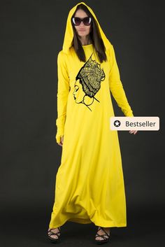 Yellow Dress, Maxi Dress, Plus Size Clothing Long Maxi Dress/Hooded Dress/Yellow dress with African woman print, the dress have 2 sides pockets, hoodie and long sleeves with thumbholes. Available Size: XS, S, M, L, XL, 2XL,3XL,4XL, 5XL, 6XL, 7XL, 8XL Made of : Cotton+elastin ( mixed fabric ) The model wears size M - 5,6' / 170 cm CARE Machine Wash 30oC Hand Wash with warm water Medium hot iron Long Sleeve Graphic Print Winter Dress, Winter Graphic Print Long Sleeve Dress, Winter Long Sleeve Graphic Print Dress, Winter Dresses With Graphic Print, Winter Graphic Print Dresses, Yellow Printed Long Sleeve Dress, Winter Coat Dress, Maxi Dress Plus Size, Casual Basics