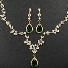 Cubic Zirconia Emerald Necklace For Wedding, Green Crystal Necklace For Wedding, Green Crystal Emerald Necklace For Wedding, Green Cubic Zirconia Jewelry Sets For Weddings, Green Crystal Jewelry Sets With Jewels, Green Cubic Zirconia Hand Set Jewelry, Green Emerald Jewelry Sets For Wedding, Green Emerald Wedding Jewelry Sets, Elegant Green Crystal Jewelry Sets