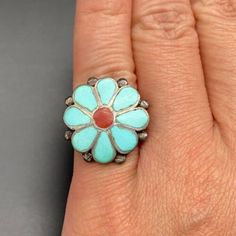 Vintage Zuni Flower Turquoise Coral Silver Ring Size 6.5 | eBay Vintage Flower Shaped Gemstone Ring, Vintage Flower Ring With Gemstone, Vintage Turquoise Ring With Inlay, Vintage Turquoise Inlay Ring, Vintage Flower-shaped Gemstone Jewelry, Vintage Flower Gemstone Jewelry, Vintage Green Flower Ring, Unique Turquoise Flower Jewelry, Vintage Flower-shaped Multi-stone Jewelry