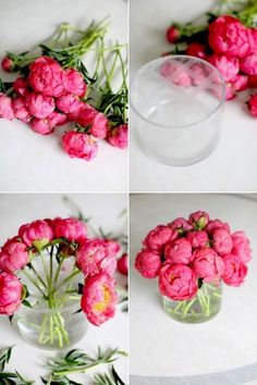 four different shots of pink flowers in a glass vase with water and rosemary sprigs