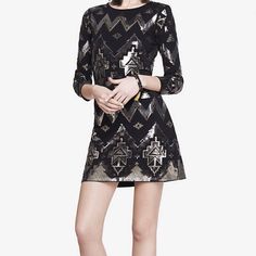 New Express Aztec Sequin Embellished Mini Dress With Long Sleeves. Aztec Sequin Dress, Sheer Slip Dress, Lace Tunic Dress, Womens Tunic Dress, Embellished Mini Dress, Western Aztec, Black Lace Mini Dress, Black Short Sleeve Dress, Mini Sheath Dress