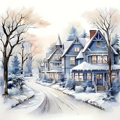 a painting of a house in winter with snow on the ground and trees around it