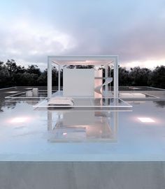 an artistic rendering of a bed in the middle of a room with mirrored flooring