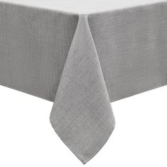 the linen tablecloth is light grey and has a square shape