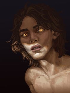 a painting of a man with no shirt on and yellow eyes looking at the camera