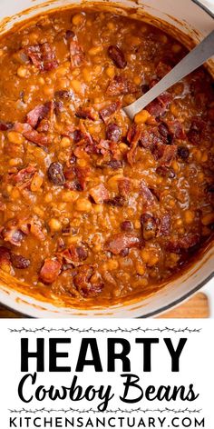 hearty cowboy beans in a white bowl with a spoon and text overlay that reads, hearty cowboy beans