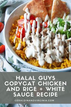 halal guys copycat chicken and rice with white sauce recipe in a large bowl