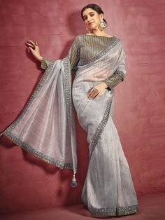 Adorable grey fancy fabric designer saree online for women which is crafted from fancy fabric fabric and comes with art silk blouse. Fairy Look, Engagement Saree, Traditional Festival, Fancy Fabric, Saree Sale, Salwar Dress, Organza Blouse, Sleeve Embroidery, Dress Salwar Kameez