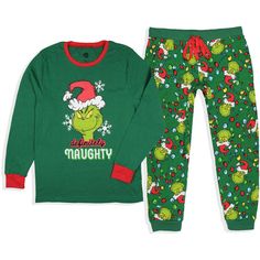 On the outskirts of Whoville lives a green, revenge-seeking Grinch who plans to ruin Christmas for all of the citizens of the town. This family How GRINCH Stole Christmas pajama sleep set-top features the character known as GRINCH with a funny saying beneath him. The pants feature a tossed print of his face and Christmas lights. The top has full sleeves for those long Christmas and winter nights, and both the pants and shirt have ribbed fabric for a no-slip feel at the ankles and wrists. The who Grinch Christmas Lights, Grinch Stuff, Pants And Shirt, Xmas Pajamas, The Grinch Stole Christmas, Family Pajama Sets, Halloween Pajamas, Christmas And Winter, Christmas Pajama Set