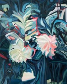 a painting of flowers in a vase with blue and white leaves on the bottom half