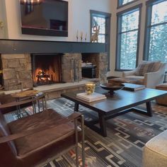 a living room filled with furniture and a fire place in the middle of a room