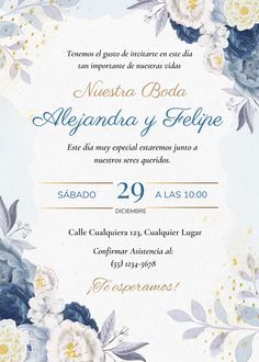 a wedding card with flowers and leaves in blue, white and yellow colors on it