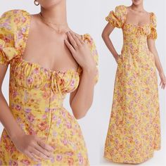 New With Tags House Of Cb Felizia Butter Yellow Floral Milkmaid Maxi Dress In Perfect Condition, No Flaws Size Xs Extra Small Dry Clean Pit To Pit Measurement: 14 1/2" Across Shoulder To Pit Measurement: 7" Waist: 11" Across Length: 57 1/2" Inventory # 4832 Yellow Fitted Bodice Dress For Summer, Yellow Dress With Fitted Bodice For Summer, Yellow Square Neck Dress For Spring, Yellow Maxi Dress With Fitted Bodice, Yellow Short Sleeve Dress For Garden Party, Yellow Short Sleeve Maxi Dress For Garden Party, Yellow Square Neck Dress, Fitted Mustard Maxi Dress With Floral Print, Fitted Mustard Maxi Dress