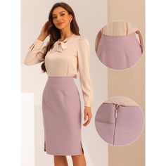 Made of stretch and soft fabric, the Bodycon classic skirt with a side split hem can be convenient for sitting all day or daily walking. A dressy casual pencil skirt designs a wrapped silhouette that hugs the body shows off your curves and makes you look more professional and urban chic. The below-knee-length pencil skirt is perfectly matched with a formal blouse or casual shirt and high heels or flats for work, business, office, party, cocktail, casual or other occasions. Split Design Pencil Skirt For Work, Elegant Workwear Pencil Skirt With Split Design, Elegant Pencil Skirt With Split Design For Work, Feminine Lined Skirt For Workwear, Feminine Lined Skirt For Office, Elegant Mini Skirt With Split Design, Office Lady Style Midi Pencil Skirt, Elegant Spring Pencil Skirt With Split Design, Feminine Relaxed Mini Skirt For Workwear