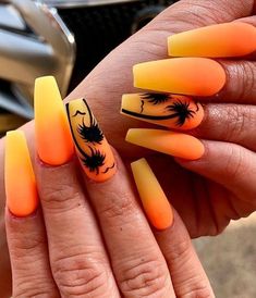 Matte finish orange and yellow sunset ombre nails with palm trees and birds Summer Ombre Nails, Acrylic Nails Yellow, Nail Spring, Palm Tree Nails, Sunset Nails, Sunflower Nails, Nails Yellow, Tropical Nails, Pink Ombre Nails