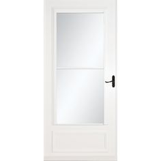 a white door with a mirror on the front and side paneled in black hardware