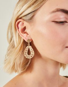 Teardrop Raffia Wrap Earrings | Drops | Accessorize Global Gold Woven Dangle Earrings, Trendy Woven Earrings, Chic Gold Earrings For Vacation, Woven Drop Earrings, Gold Earrings For Vacation, Gold Bohemian Teardrop Earrings For Summer, Summer Bohemian Gold Teardrop Earrings, Pearl Bridal Jewelry, Wrap Earrings