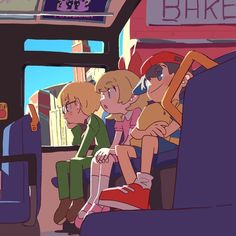 three young people riding on a bus in the city, one is wearing green and the other is pink