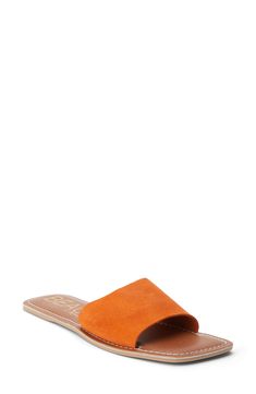 Complete your casual-chic look with the effortless style of a lightly cushioned sandal topped with a smooth suede strap. Flat sole Cushioned footbed Leather upper/synthetic sole Made in Brazil Orange Slip-on Sandals For Vacation, Orange Flat Non-slip Sandals, Orange Slip-on Wedge Sandals For Beach, Orange Adjustable Slip-on Sandals, Orange Synthetic Slip-on Sandals, Slide Sandals, Effortless Style, Casual Chic, Womens Sandals