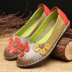 Summer Flat Shoes Women Genuine Leather Ballet Flats Soft Slip On Loafers Summer Flat Shoes, Vintage Place, Flats Shoes Comfortable, Summer Flats, Slip On Loafers, Casual Flat Shoes, Leather Flowers, Women Gifts, Comfortable Flats