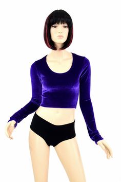 "This item is made to order, please read all the way through the listing before purchasing! This purple velvet is soooo soft, not the cheap and itchy panne, this is true lycra velvet. Smooth as butter, and so flattering and comfy! This crop top has a scoop neckline and long sleeves, and a four way stretch fit. LENGTH: 8\" (from the underarm to the hemline) Womens Sizing (See below for instructions on where measurements should be taken) XXS: Bust 29\"-30\" / Waist 22\"-23\" / Hips 30\"-32\" Extra Wardrobe Ideas, Stretch Velvet, Purple Velvet, Long Sleeve Crop, Cropped Tank Top, Crop Tank, Long Sleeve Crop Top, Scoop Neckline, Womens Clothing Tops