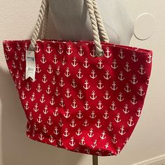 This Is A New Red Canvas Anchor Design "Cruise Club" Travel Beach Tote Bag. The Tote Bag Has Rope Straps As The Handles And Are Very Lightweight. The Tote Bag Measures About 22 Inches Wide And About 13 Inches Long. Please Zoom Into The Pictures Of The Red Anchor Themed Tote Bag To See The Great Condition Of The Tote Bag. If You Have Any Questions Or Concerns, Please Don't Hesitate To Contact Me Prior To Purchase To Ensure The Red And Off-White Anchor Themed Tote Bag Are A Perfect Addition To You Trendy Red Canvas Bag For Travel, Trendy Red Canvas Bag For Shopping, Trendy Red Beach Bag With Large Capacity, Trendy Large Capacity Red Beach Bag, Red Large Capacity Bag For Summer, Large Capacity Red Bags For Summer, Red Large Capacity Beach Bag For Vacation, Large Capacity Red Beach Bag For Vacation, Large Capacity Red Beach Bag For Travel