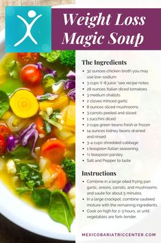 the ingredients for a vegetable soup are shown in this recipe card, which includes broccoli, carrots, spinach and other vegetables